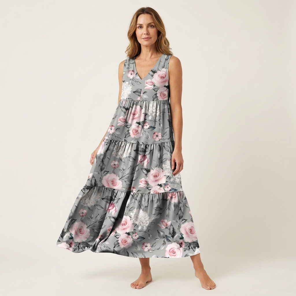 Alara | V-Neck Tiered Maxi Dress in Printed Cotton