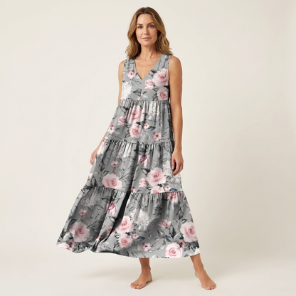 Alara | V-Neck Tiered Maxi Dress in Printed Cotton
