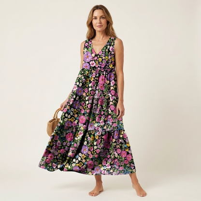 Alara | V-Neck Tiered Maxi Dress in Printed Cotton
