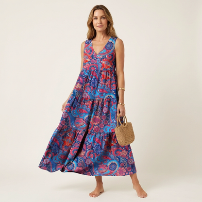 Alara | V-Neck Tiered Maxi Dress in Printed Cotton