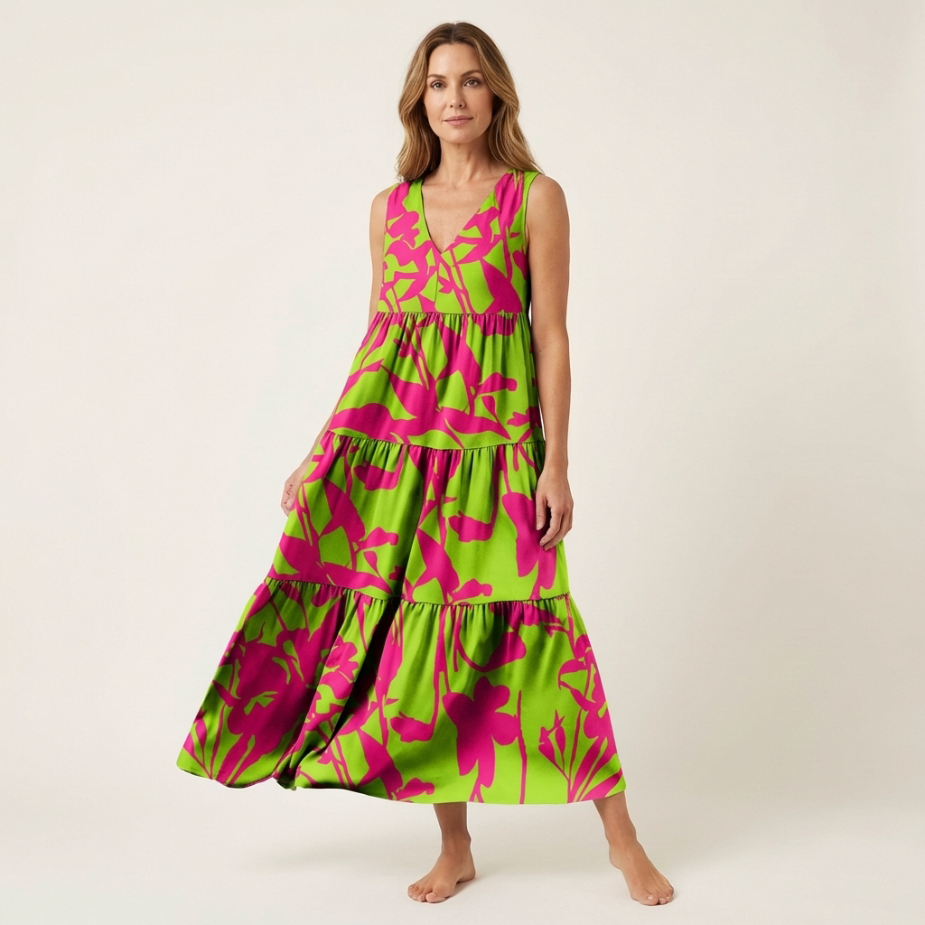 Alara | V-Neck Tiered Maxi Dress in Printed Cotton