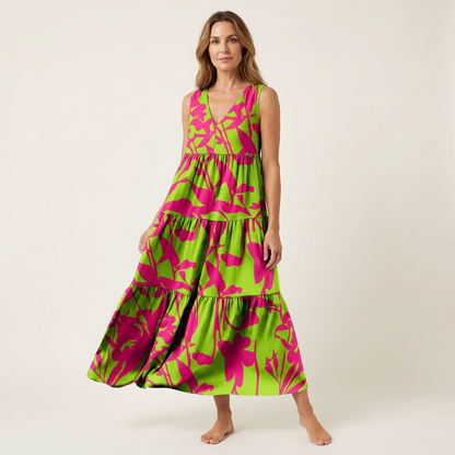 Alara | V-Neck Tiered Maxi Dress in Printed Cotton