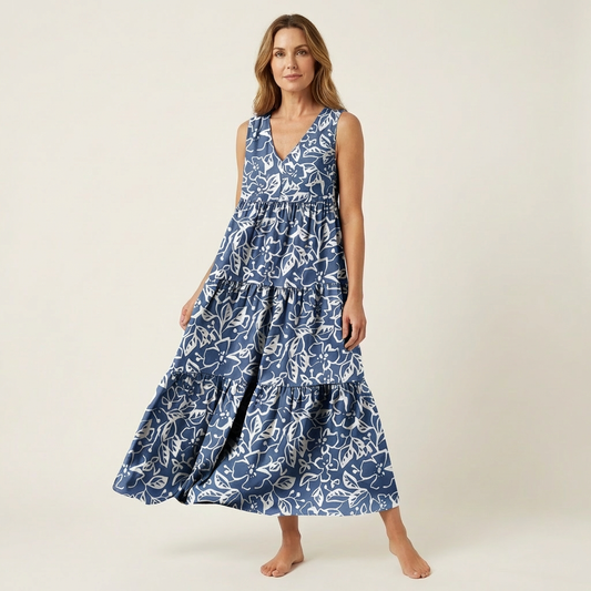 Alara | V-Neck Tiered Maxi Dress in Printed Cotton