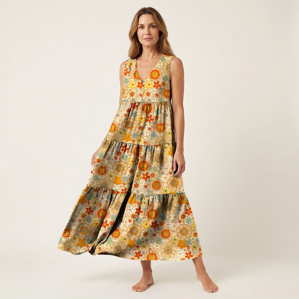 Alara | V-Neck Tiered Maxi Dress in Printed Cotton