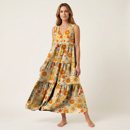 Alara | V-Neck Tiered Maxi Dress in Printed Cotton