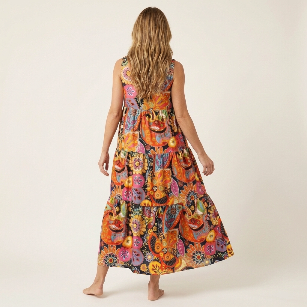 Alara | V-Neck Tiered Maxi Dress in Printed Cotton