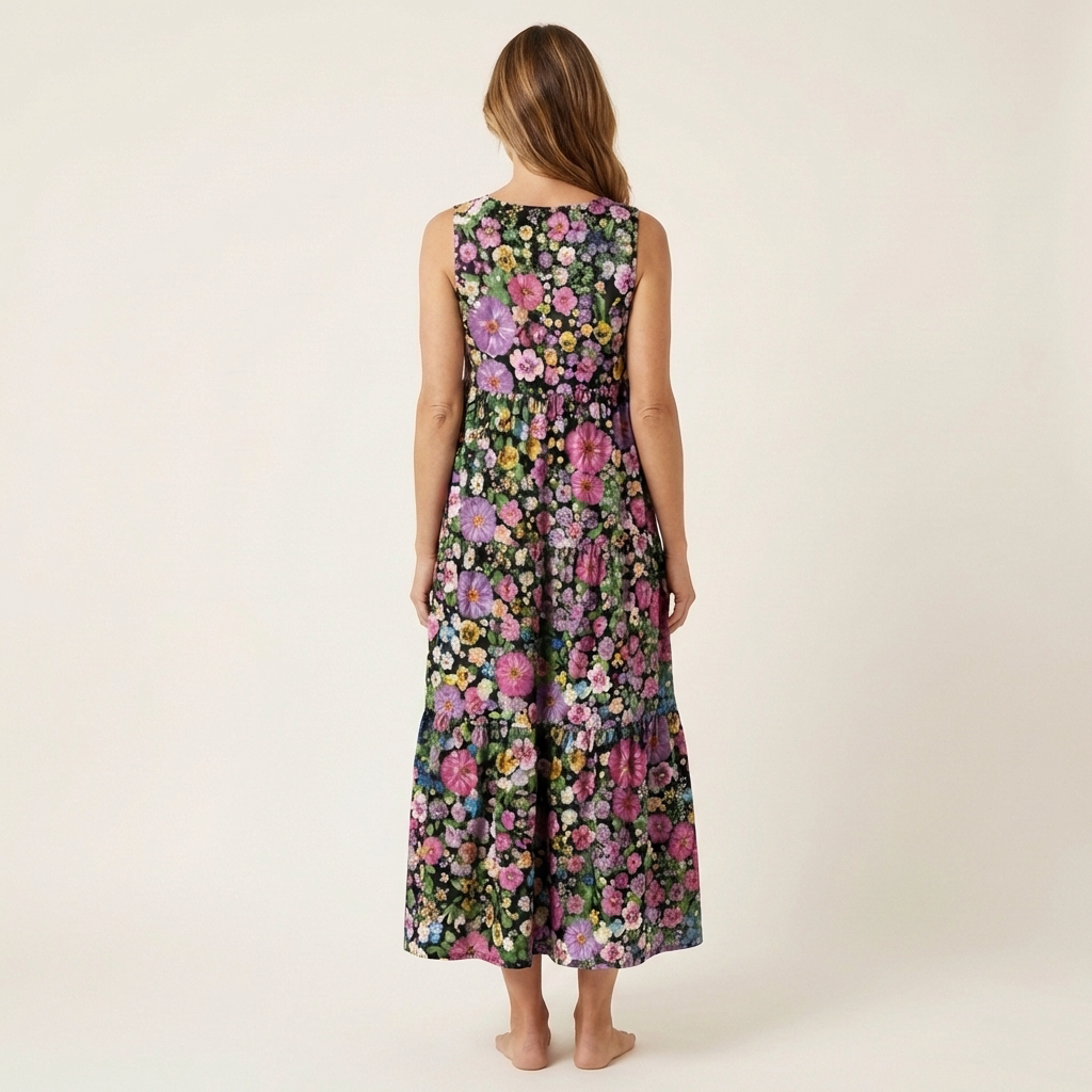 Alara | V-Neck Tiered Maxi Dress in Printed Cotton