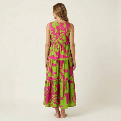 Alara | V-Neck Tiered Maxi Dress in Printed Cotton