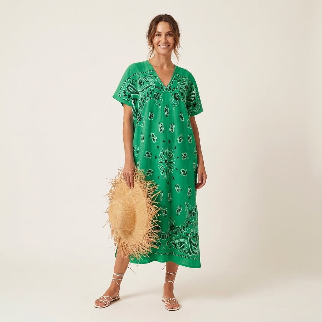 Shauna | Short-Sleeve Bandana-Print Midi Dress in Cotton