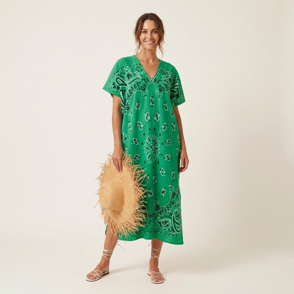 Shauna | Short-Sleeve Bandana-Print Midi Dress in Cotton