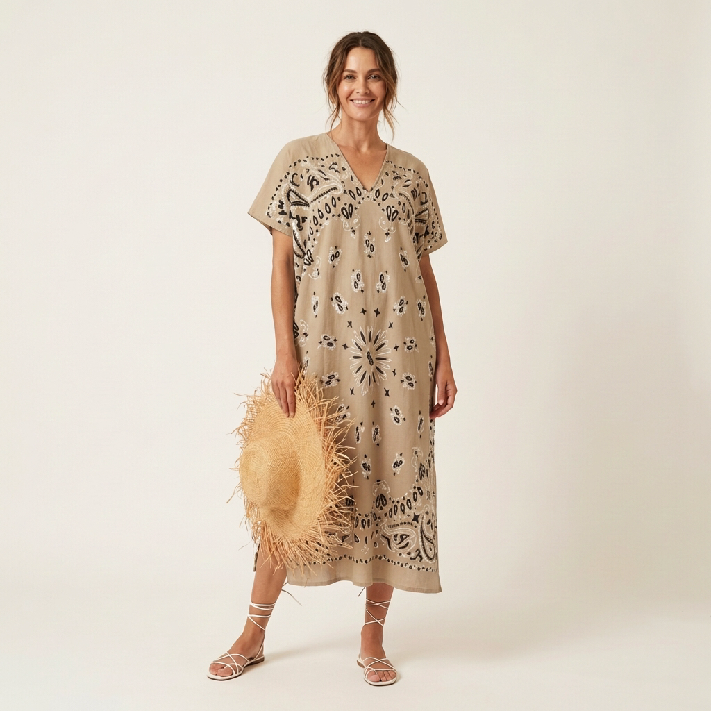 Shauna | Short-Sleeve Bandana-Print Midi Dress in Cotton