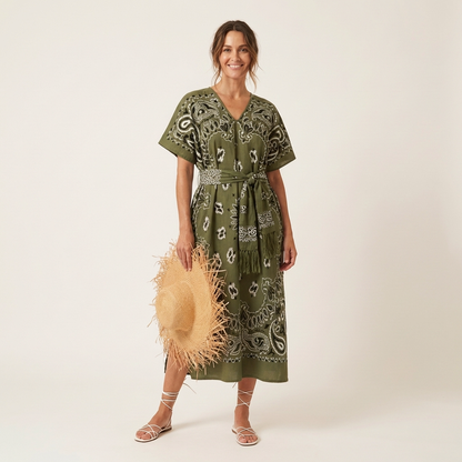 Shauna | Short-Sleeve Bandana-Print Midi Dress in Cotton