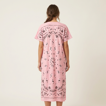 Shauna | Short-Sleeve Bandana-Print Midi Dress in Cotton