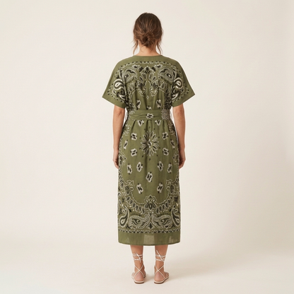 Shauna | Short-Sleeve Bandana-Print Midi Dress in Cotton