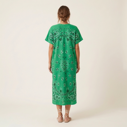 Shauna | Short-Sleeve Bandana-Print Midi Dress in Cotton