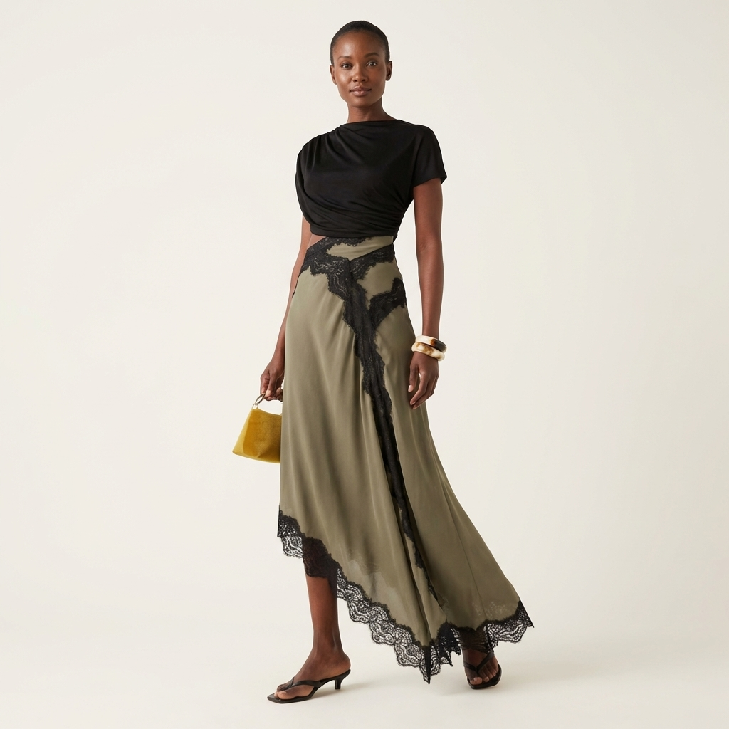 Shuri | Asymmetric Lace-Trim Midi Dress with Cut-Out Waist