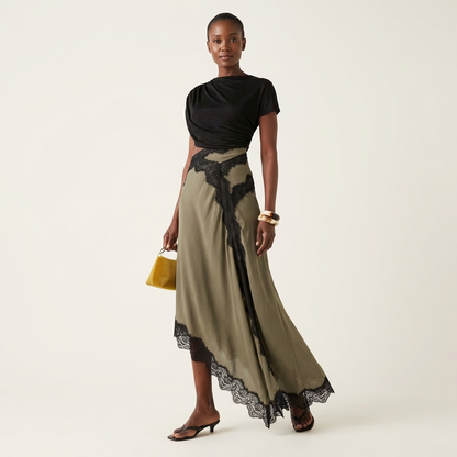 Shuri | Asymmetric Lace-Trim Midi Dress with Cut-Out Waist