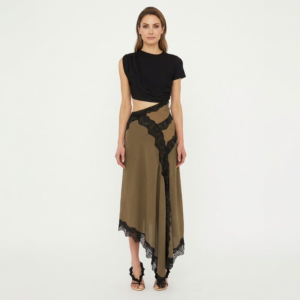 Shuri | Asymmetric Lace-Trim Midi Dress with Cut-Out Waist