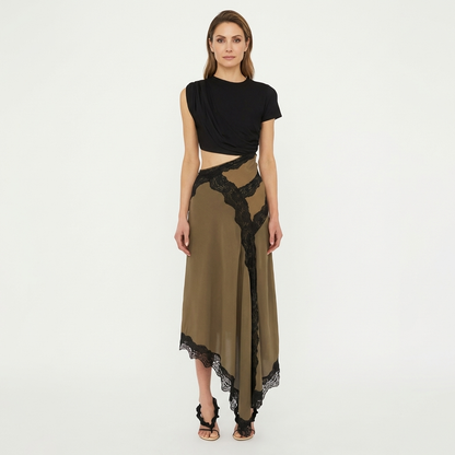 Shuri | Asymmetric Lace-Trim Midi Dress with Cut-Out Waist