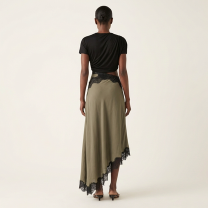 Shuri | Asymmetric Lace-Trim Midi Dress with Cut-Out Waist