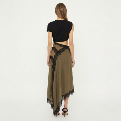 Shuri | Asymmetric Lace-Trim Midi Dress with Cut-Out Waist