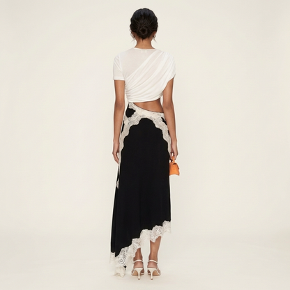 Shuri | Asymmetric Lace-Trim Midi Dress with Cut-Out Waist