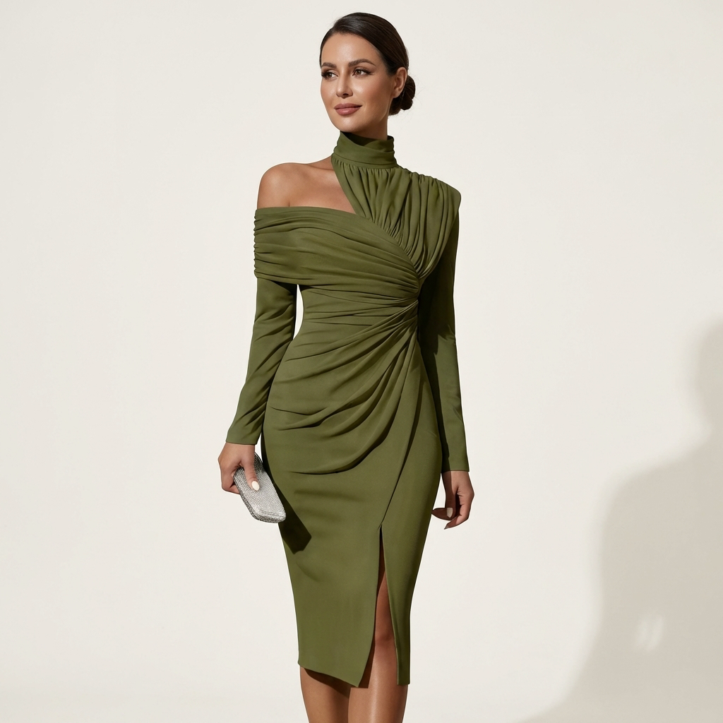 Shana | Turtleneck Off-Shoulder Ruched Midi Dress with Front Slit