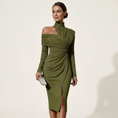 Shana | Turtleneck Off-Shoulder Ruched Midi Dress with Front Slit