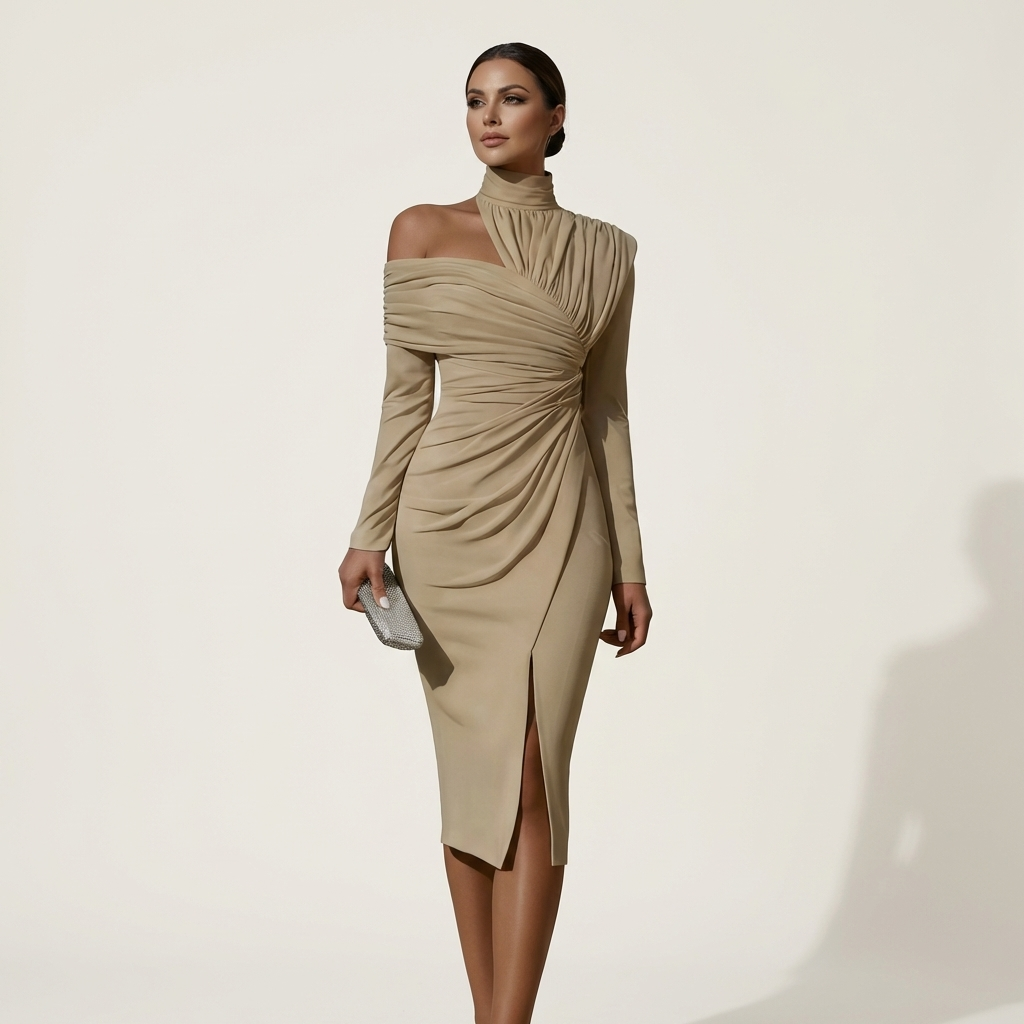 Shana | Turtleneck Off-Shoulder Ruched Midi Dress with Front Slit