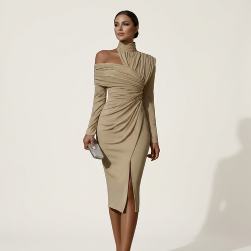 Shana | Turtleneck Off-Shoulder Ruched Midi Dress with Front Slit