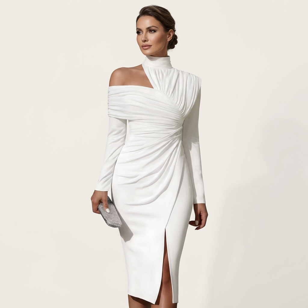 Shana | Turtleneck Off-Shoulder Ruched Midi Dress with Front Slit