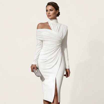 Shana | Turtleneck Off-Shoulder Ruched Midi Dress with Front Slit
