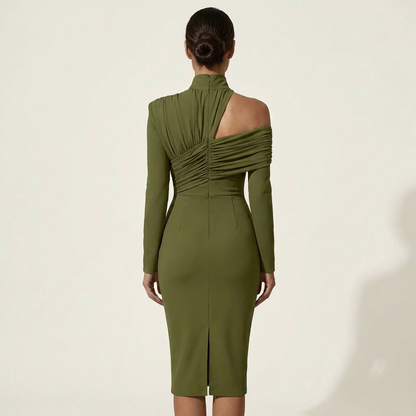 Shana | Turtleneck Off-Shoulder Ruched Midi Dress with Front Slit