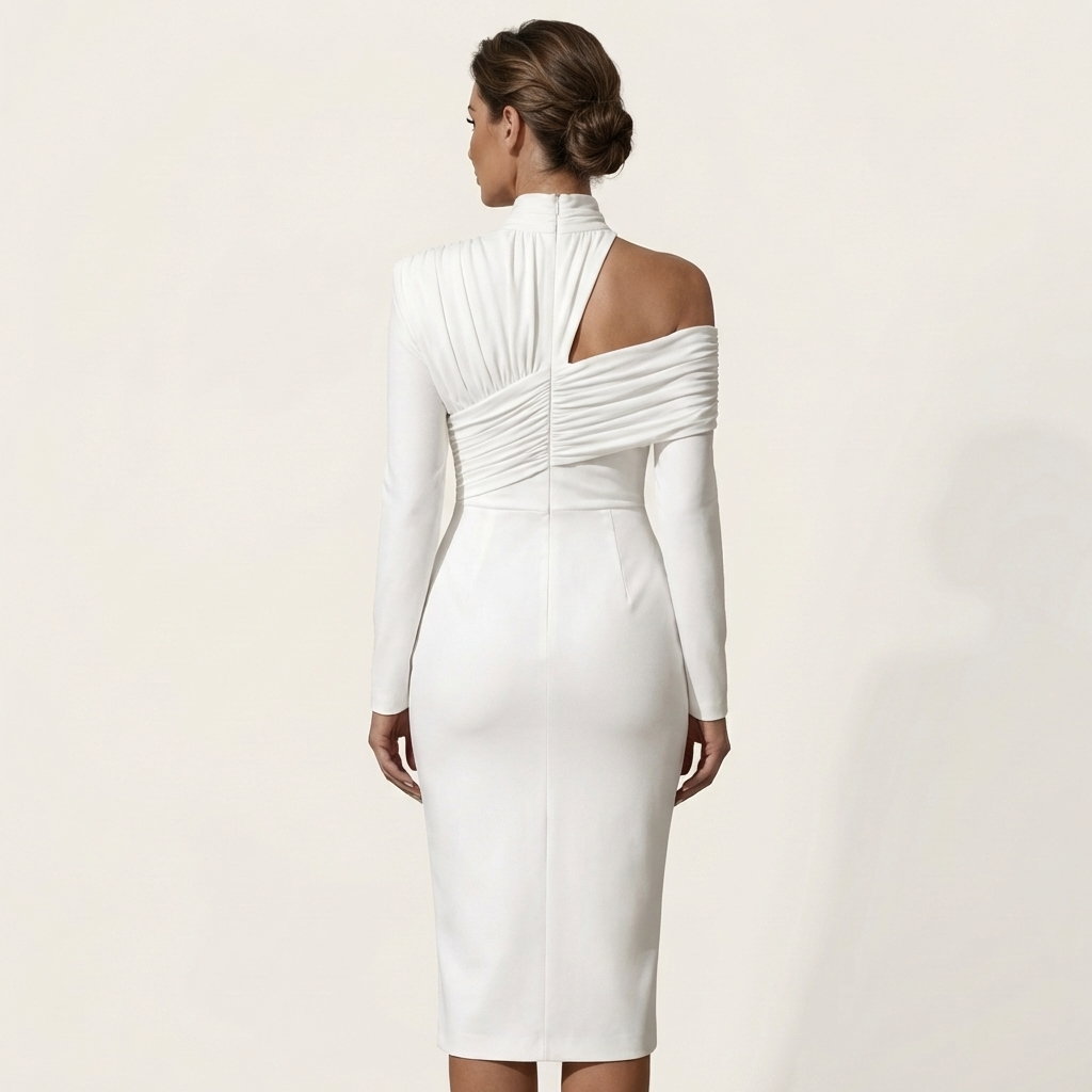 Shana | Turtleneck Off-Shoulder Ruched Midi Dress with Front Slit