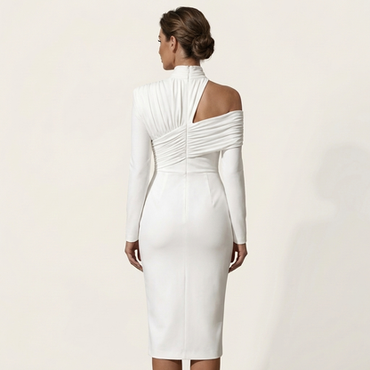 Shana | Turtleneck Off-Shoulder Ruched Midi Dress with Front Slit