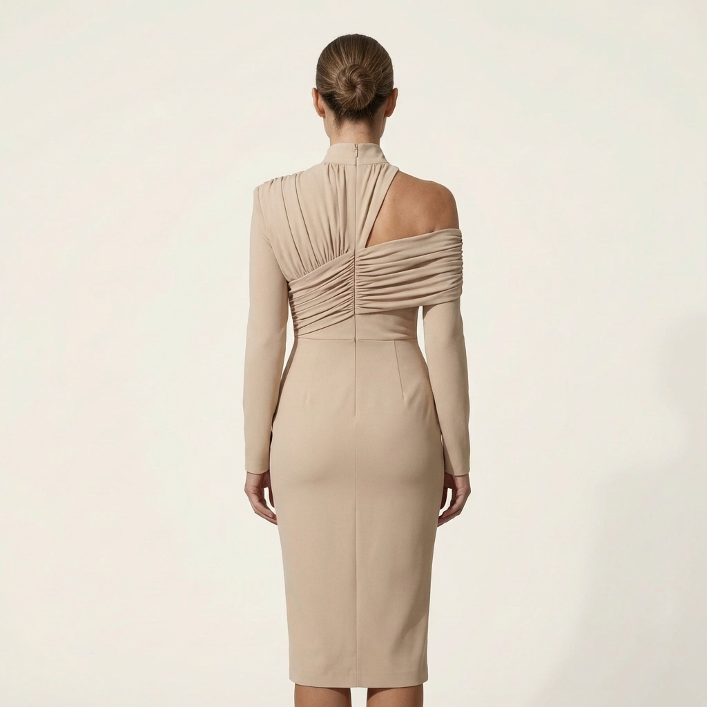 Shana | Turtleneck Off-Shoulder Ruched Midi Dress with Front Slit