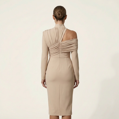 Shana | Turtleneck Off-Shoulder Ruched Midi Dress with Front Slit