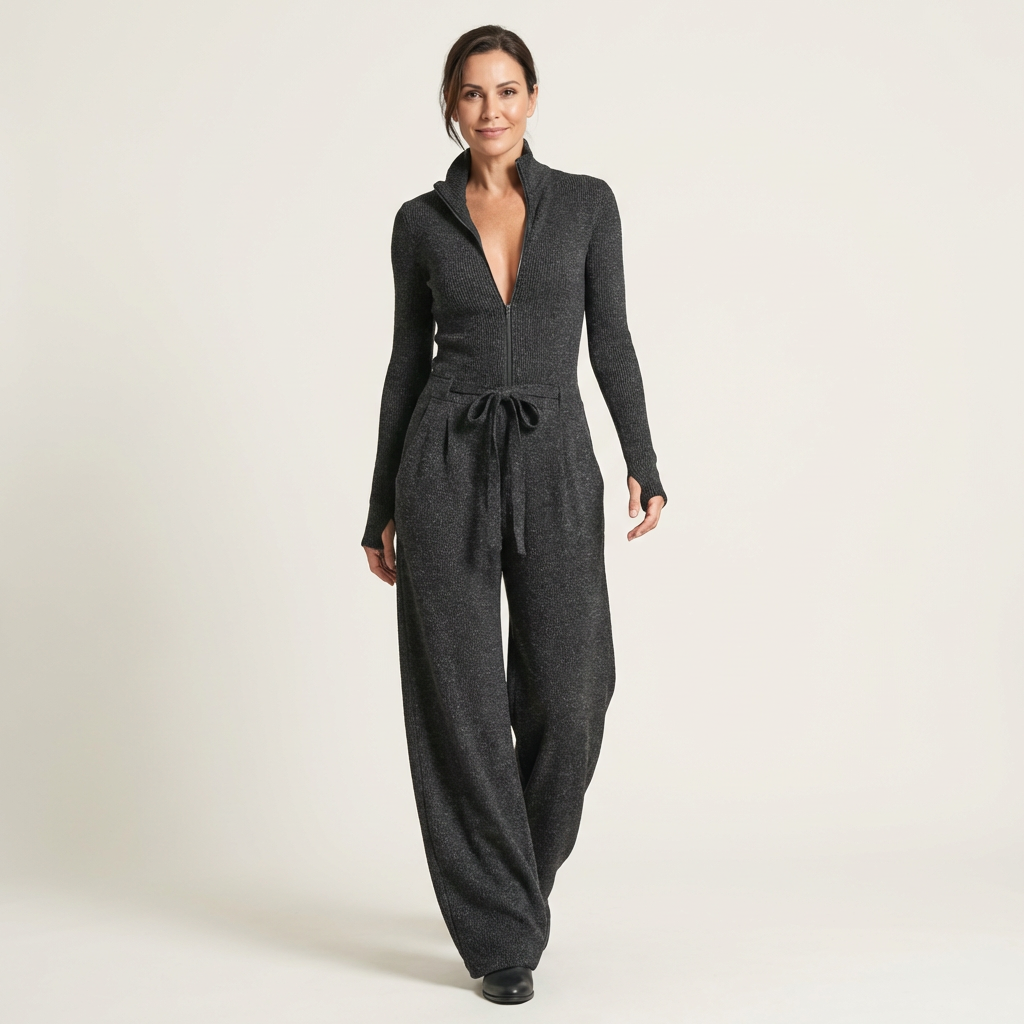 Romiana | Long-Sleeve Zip-Front Wide-Leg Jumpsuit with Tie Waist