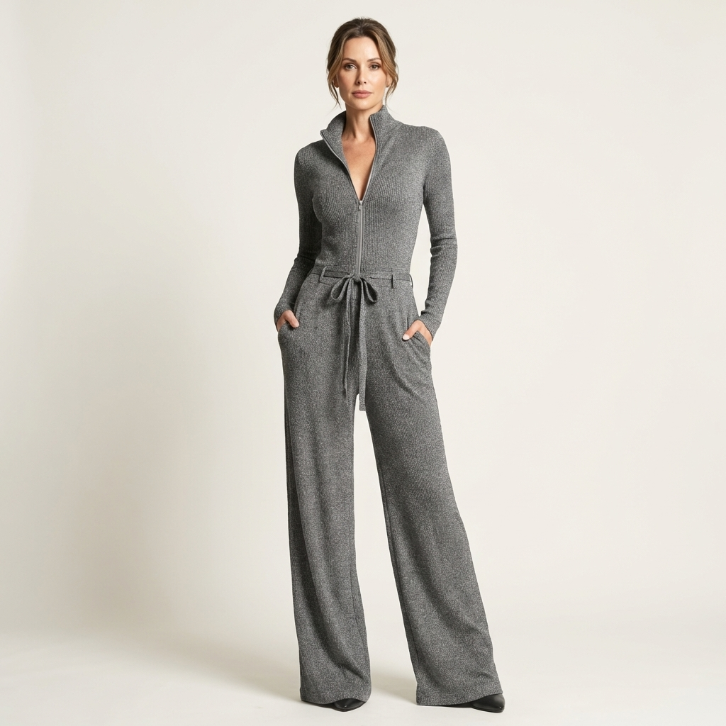 Romiana | Long-Sleeve Zip-Front Wide-Leg Jumpsuit with Tie Waist