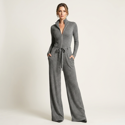 Romiana | Long-Sleeve Zip-Front Wide-Leg Jumpsuit with Tie Waist