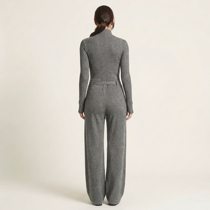 Romiana | Long-Sleeve Zip-Front Wide-Leg Jumpsuit with Tie Waist
