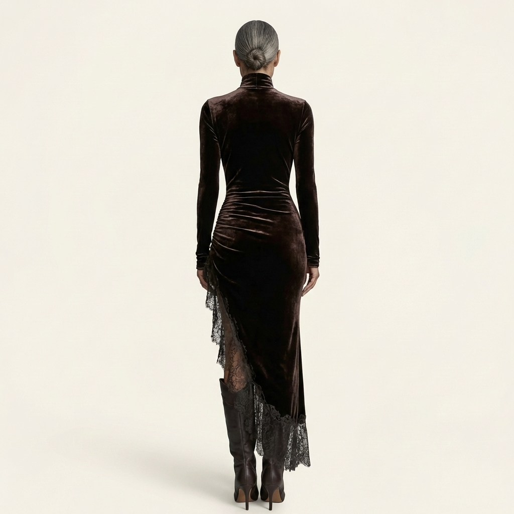 Sinia | Velvet Turtleneck Ruched Lace-Hem Maxi Dress with Side Slit