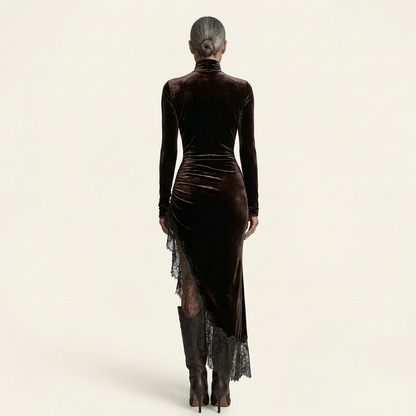 Sinia | Velvet Turtleneck Ruched Lace-Hem Maxi Dress with Side Slit
