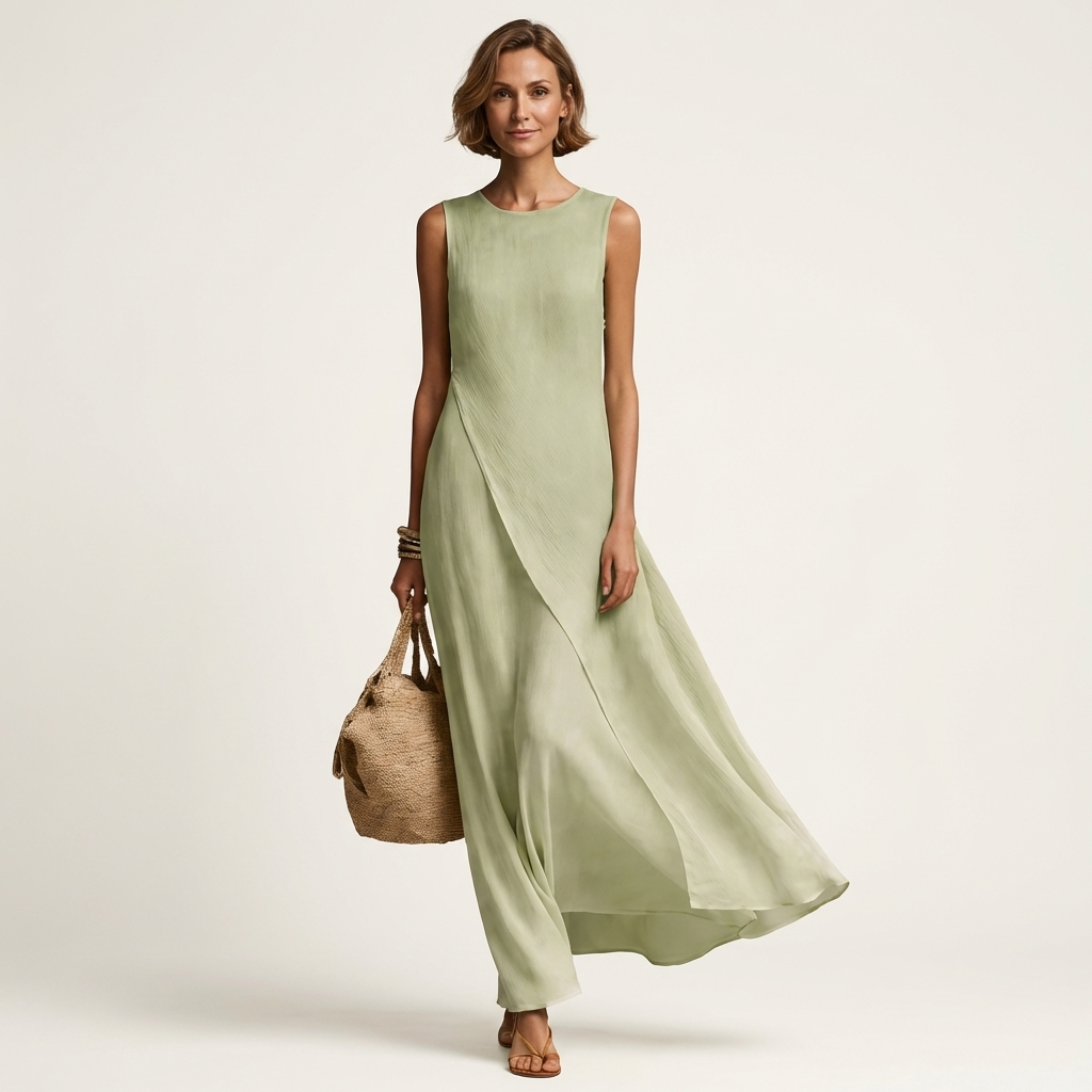 Arina | Sleeveless Crew-Neck Asymmetric-Panel Maxi Dress