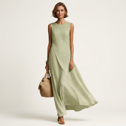 Arina | Sleeveless Crew-Neck Asymmetric-Panel Maxi Dress