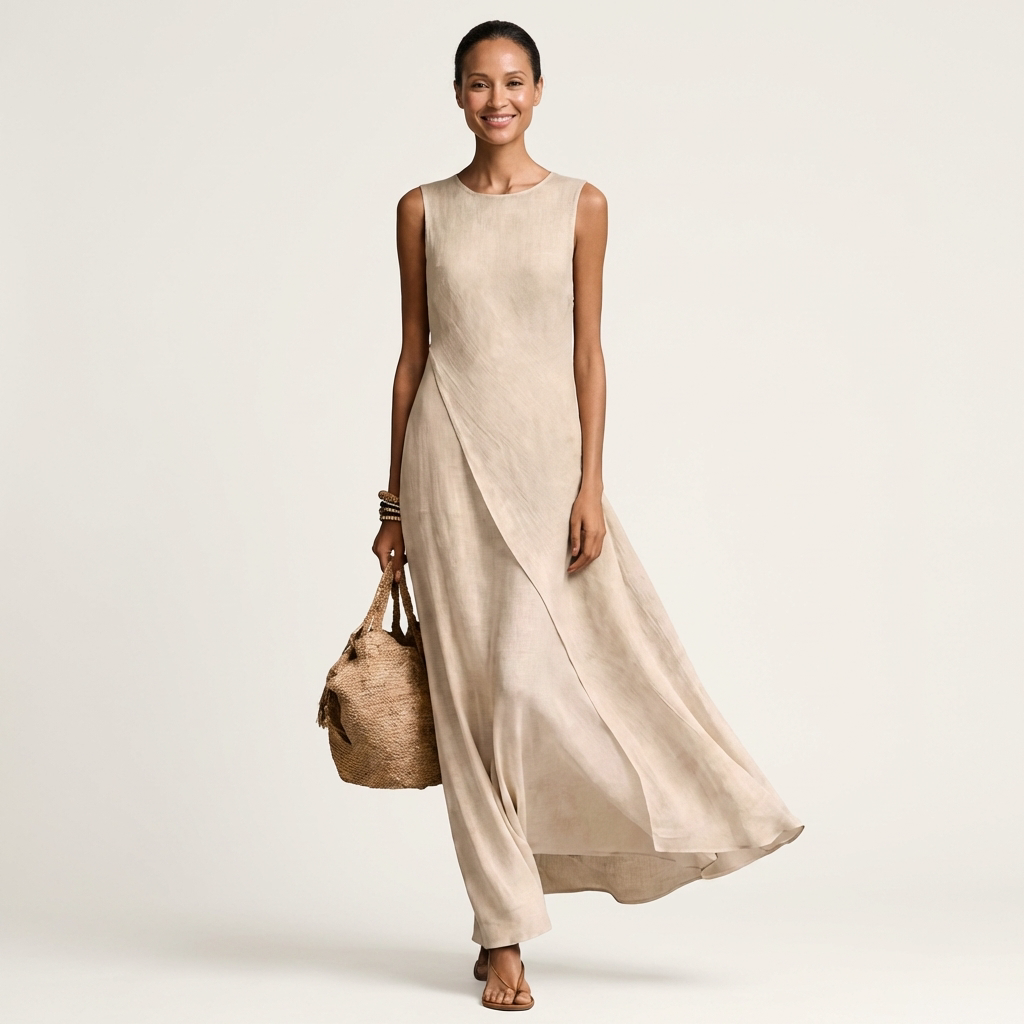 Arina | Sleeveless Crew-Neck Asymmetric-Panel Maxi Dress