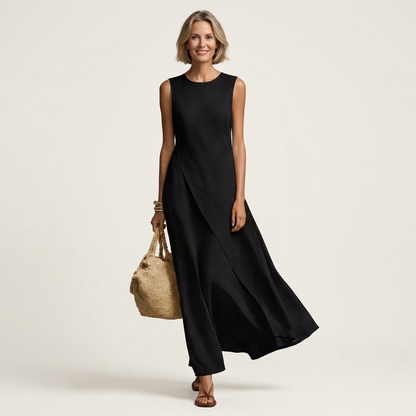 Arina | Sleeveless Crew-Neck Asymmetric-Panel Maxi Dress
