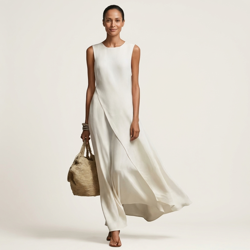 Arina | Sleeveless Crew-Neck Asymmetric-Panel Maxi Dress
