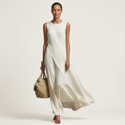 Arina | Sleeveless Crew-Neck Asymmetric-Panel Maxi Dress