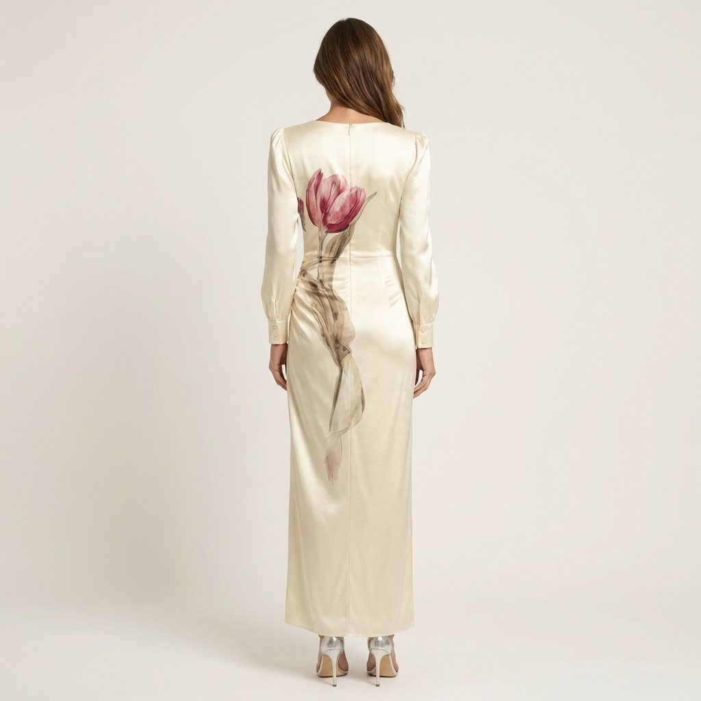 Yeliz | Puff-Sleeve Tulip-Print Ruched Maxi Dress with High Slit